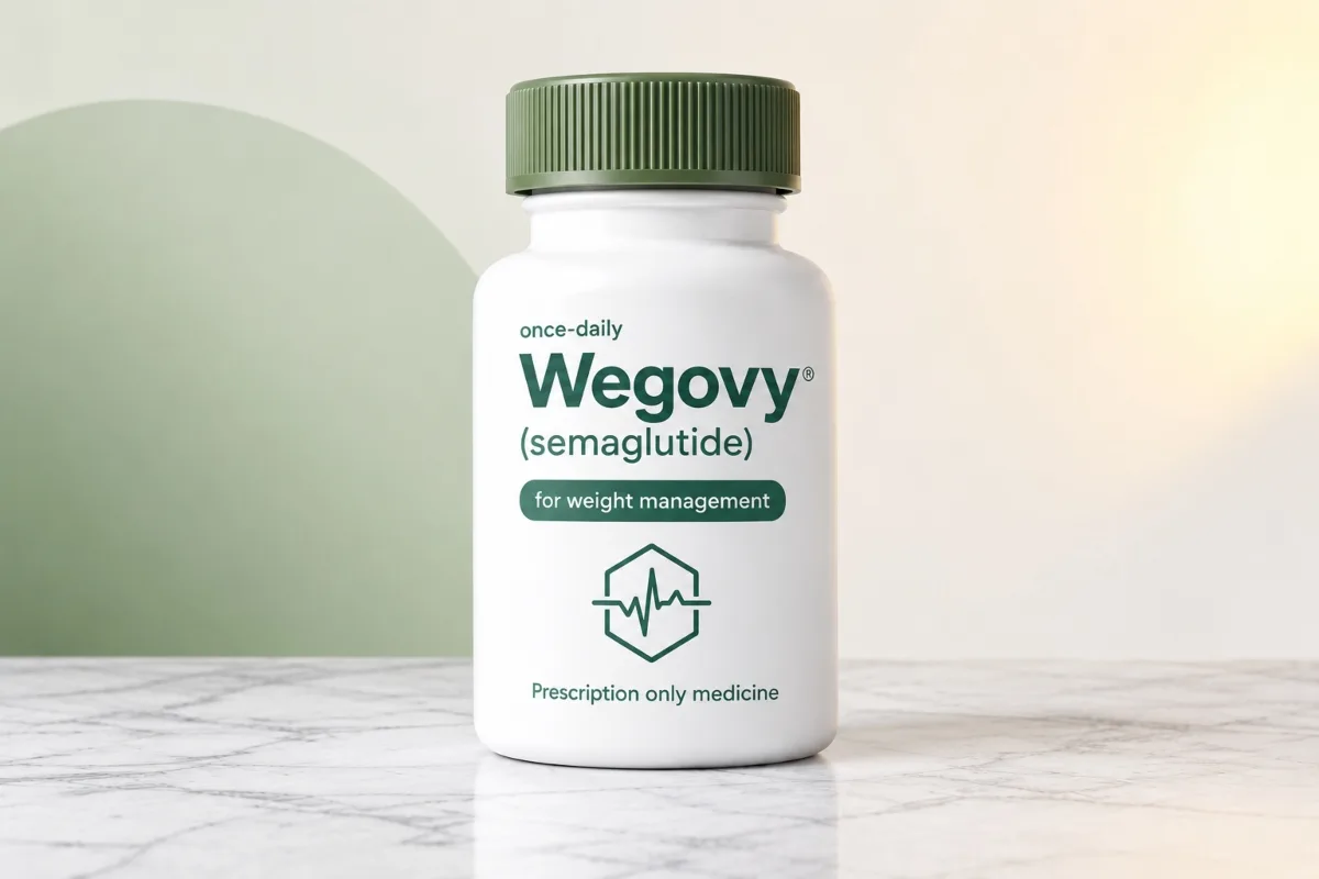 Bottle of Wegovy (semaglutide) once-daily tablets for weight management