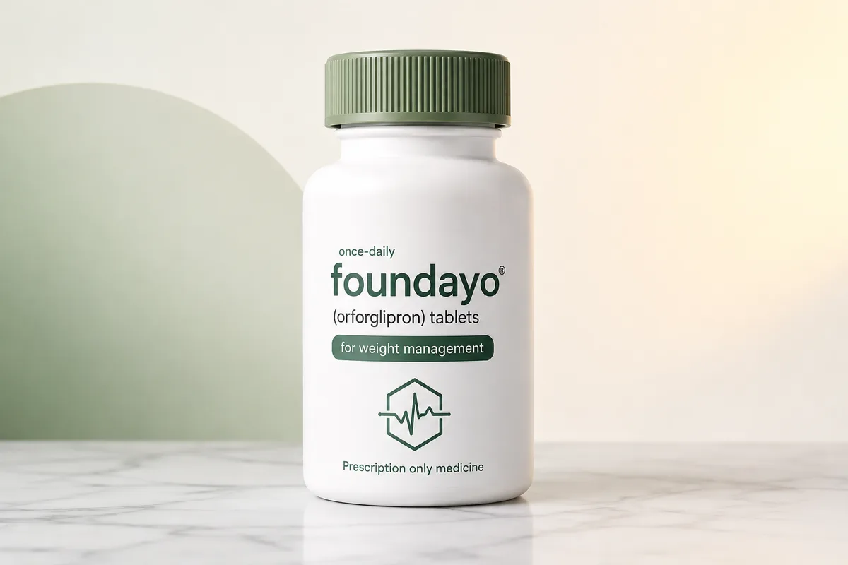 Bottle of Foundayo orforglipron once-daily weight loss tablets